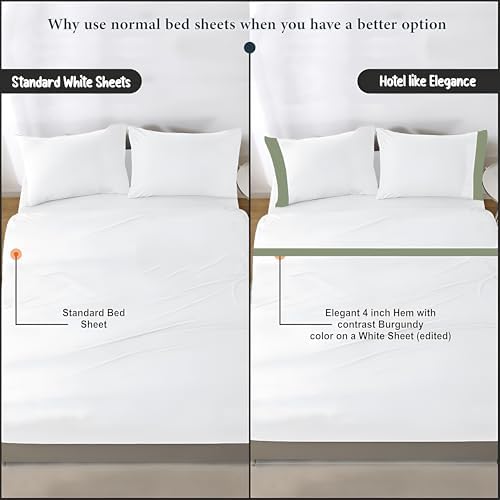 SGI bedding Hudson Hotel Collection 4 Piece Egyptian Cotton Sheets RV King Size - 600 Thread Count, 15" Deep Pocket, Soft and Premium Cotton, Elegant 4" Moss Hem on White Sheet -White/Moss