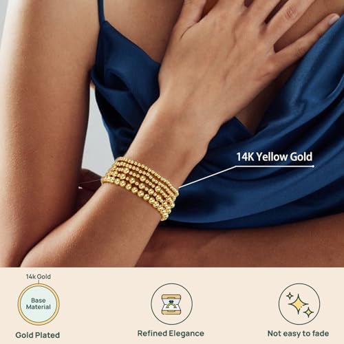 adoyi Gold Bracelets for Women Waterproof, 14K Gold Plated Beaded Strand Bead Ball Bracelets stack Adjustable Jewelry Set for Gifts