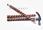 Antique Wooden Walking Cane Stick with Unique Brass Hammer Head Handle, Versatile Rugged Style Support