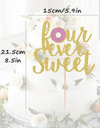 Four Ever Sweet Cake Topper - Gold Glitter Happy 4th Birthday Cake Decorating Supplies, for Boy or Girl Party Photo Booth Props