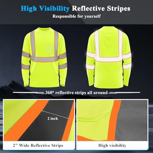 W&H Hi Vis Safety Long Sleeve Shirts Reflective High Visibility Birdeyes Class 3 Shirts,Construction Work