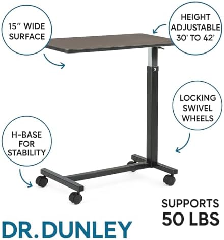 Adjustable Overbed Table on Wheels – Height Adjustable from 30” to 42” – H-Base Rolling Bedside Table for Home, Hospital & Nursing Use – Supports 50 lbs – 15” Wide Surface