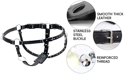 BDSM Strapon Dildo Harness with Butt Plug – Double Penetration Adjustable Black Leather Dildo Belt for Couples – Fetish Strap Toy for Dominance & Submission Play (32"+Waist)
