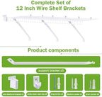 12 Inch Wire Shelf Brackets Set, 3 Pack Metal Shelf Supports + 6 Shelf Clips & 2 End Brackets, Wire Shelving Accessories for Wardrobe and Wall Bracket Installation