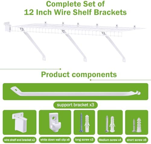 12 Inch Wire Shelf Brackets Set, 3 Pack Metal Shelf Supports + 6 Shelf Clips & 2 End Brackets, Wire Shelving Accessories for Wardrobe and Wall Bracket Installation