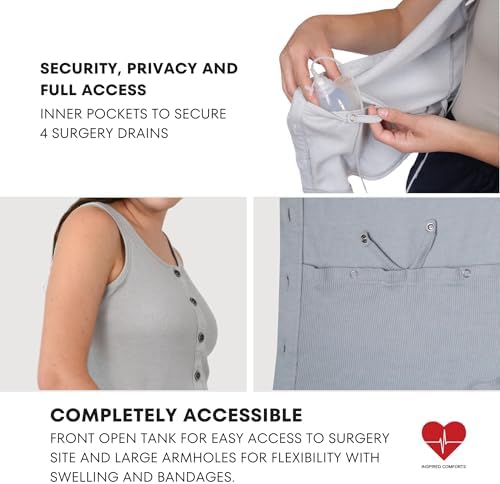 Inspired Comforts Post Surgery Mastectomy Recovery Ribbed Tank top with Drain Pocket & Button Front