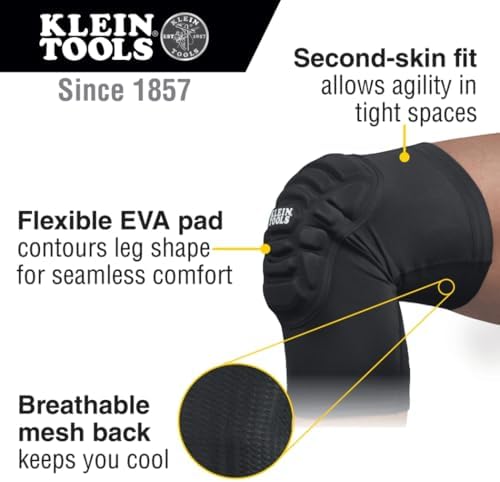 Klein Tools 60614 Knee Pads, Lightweight Padded Knee Sleeves, Breathable Mesh Back, Elastic Cuff with Slip-Resistant Silicone, S/M, Black