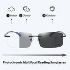 K.LAVER Photochromic Progressive Multifocal Reading Glasses Blue Light Blocking Glasses Rimless Transition Sunglasses Unisex