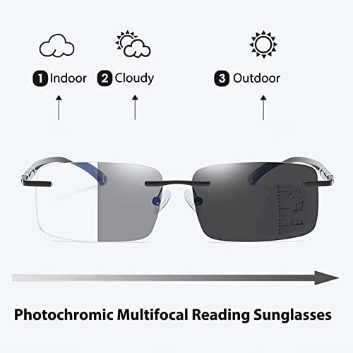 K.LAVER Photochromic Progressive Multifocal Reading Glasses Blue Light Blocking Glasses Rimless Transition Sunglasses Unisex