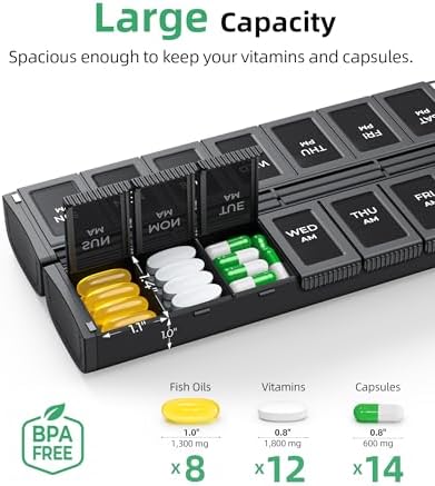 PULIV Weekly Pill Organizer 2 Times a Day with Magnetic Foldable Design for Dual Protection, Large AM PM Pill Box Case for Travel, Compact Medication Organizer for Vitamins, Fish Oils and Supplements