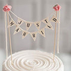 Wedding Cake Topper,Family Party Cake Topper,Vintage Affair Rustic Just Married Wedding Cake or Cheese Bunting,Handmade Pennant Flags with Wood Pole Ivory