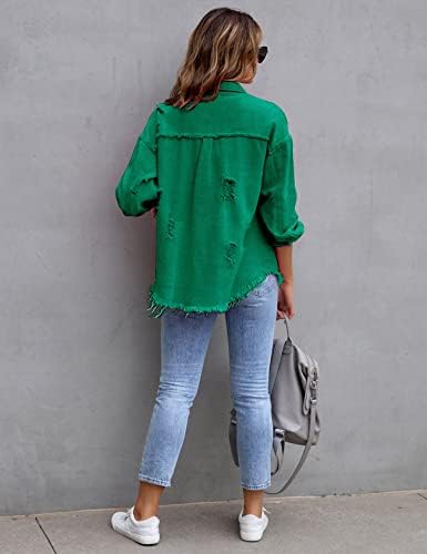 Perbai Womens Oversized Ripped Denim Jacket Frayed Hem Button Front Boyfriend Jean Coat Western Shacket with Pockets