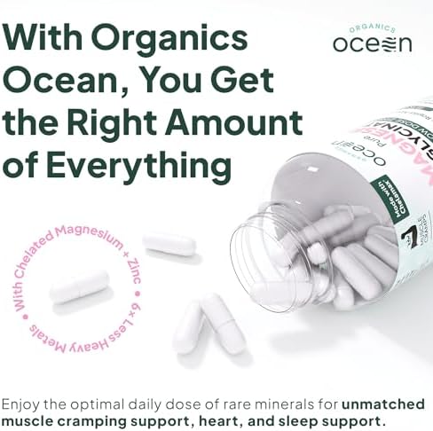 Organics Ocean Pure Magnesium Glycinate with Zinc - Maximum Strength Chelated Magnesium Supplement for Women and Men for Muscle Cramps and Sleep Support - 90 Capsule