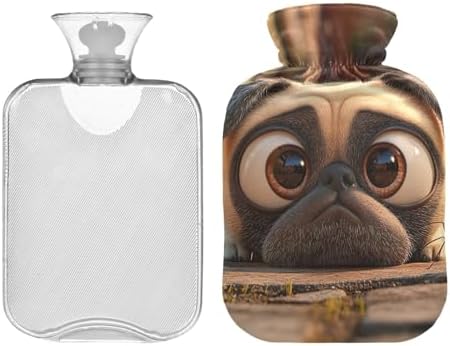 Hot Water Bottle with Soft Cover Bed Hand Feet Warmer Cute Pug Dog with Big Eyes Hot Water Bag for Menstrual Cramps Small