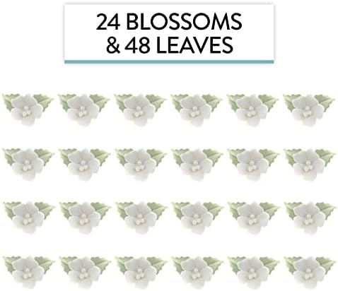 Global Sugar Art Blossoms and Leaves Edible Sugar Cake & Cupcake Flowers, White, Small Unwired, 24 Count with Leaves by Chef Alan Tetreault