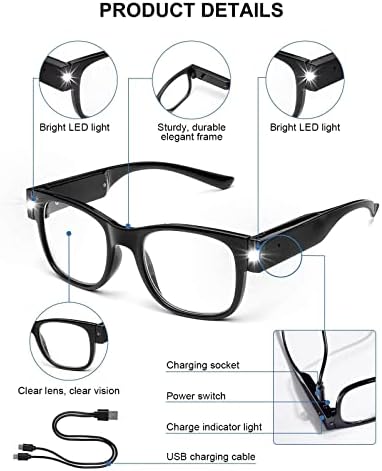 OKH Reading Glasses with Lights, Bright LED Readers, USB Rechargeable Flashlight Eyeglasses for Men Women