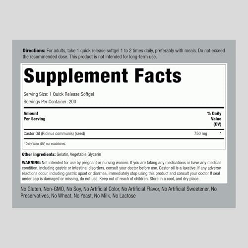 Piping Rock Castor Oil Softgel Capsules 750mg | 200 Count | Cold Pressed | Non-GMO, Gluten Free Supplement