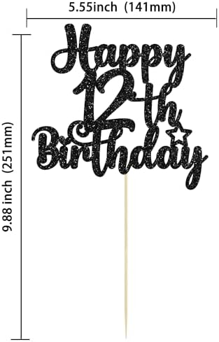 Gyufise 1Pc Happy 12th Birthday Cake Topper Glitter 12 & Fabulous Cheers to 12 Years Old Cake Pick for Celebrating 12th Birthday Anniversary Party Cake Decorations Supplies Black