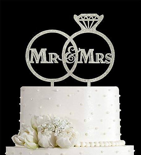 JIEEIN Mr and Mrs Cake Topper,Bride and Groom Sign Wedding,Engagement Cake Toppers Decorations,Silver Glitter Acrylic