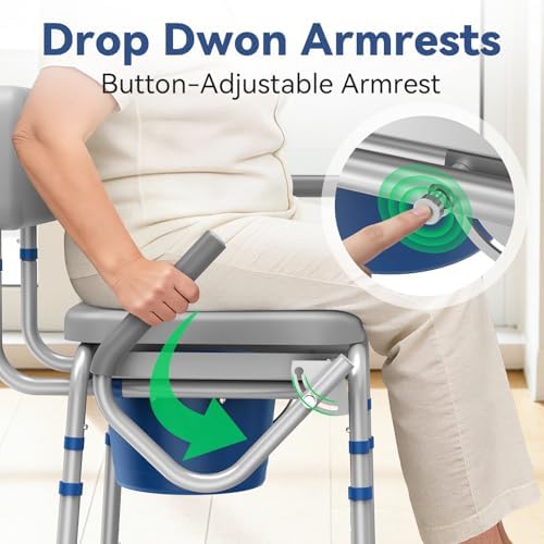 Loyoda Drop Arm Bedside Commode, Commode with Padded Seat and Backrest, 500lbs Capacity, 5.81QT Removable Bucket, Adjustable Height Portable Toilet for Adults, Gray