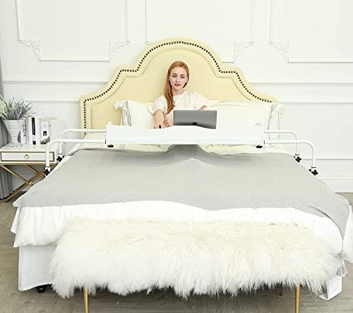 UNICOO Adjustable Overbed Table, Over the Bed Table with Wheels, Medical Overbed Table with Wheels Adjustable Height, Rolling Desk for Full/Queen/King Bed, Sturdy Wood & Steel Frame (202-White)