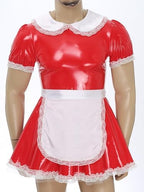 YiZYiF Mens Sissy Wet Look Lace French Maid Bodysuit Roleplay Cosplay Lingerie Costumes Leotard