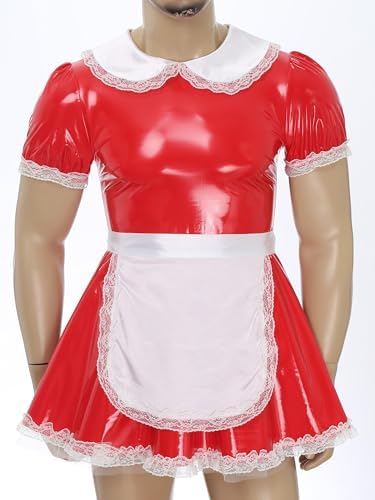 YiZYiF Mens Sissy Wet Look Lace French Maid Bodysuit Roleplay Cosplay Lingerie Costumes Leotard