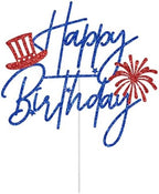 4th of July Happy Birthday Cake Topper, Patriotic Themed Birthday Cake Topper, American National Memorial Day Independence Day Patriotic Birthday Party Decorations, Blue and Red Glitter