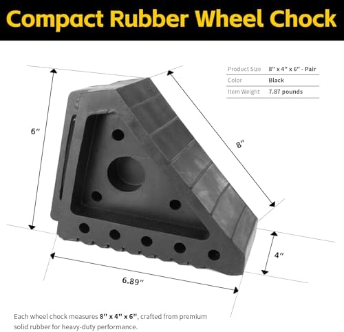 MaxxHaul Solid Rubber Wheel Chock 2-Pack | 8" x 4" x 6" Heavy-Duty Tire Stop | Non-Slip Traction Pads | Built-In Handle | All-Weather Vehicle Safety Block (70472)