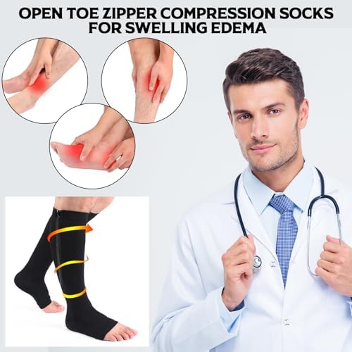 Nuanchu 3 Pairs Open Toe Zipper Compression Socks 20-30mmhg Zipper Compression Toeless Knee High Socks for Men Swelling Edema