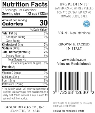 DaLallo DOP San Marzano Tomatoes, 28 oz Can, (3 Pack) Non-GMO, Harvested & Grown Agro-Sarnese Nocerino Italy, Vibrant Rich Red Tomatoes Packed in Light Puree, Low Seed Content, Kosher