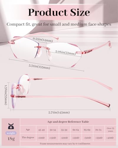 LUFF Rimless Reading Glasses for Women Blue Light Blocking,Stylish Lightweight Frameless Computer Readers Anti Eyestrain