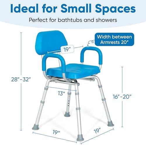 Padded Shower Chair and Bath Chair with Armrests and Back, Comfortable Deluxe Shower Chair for Inside Shower and Bathtub for Elderly and Seniors Safety, Adjustable Height, Institutional Quality, Blue