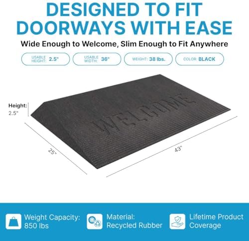EZ-ACCESS - Transitions Angled Welcome Entry Mat, Non Slip Rubber Threshold Ramp for Doorways, Indoor & Outdoor Door Ramp for Wheelchair Access, Safer Home Floor Mats - Made in USA (Black, 2.50-in)