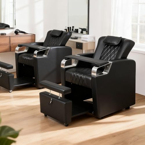 OmySalon Electric Pedicure Chair Pedi Station w/Adjustable Backrest, Movable Hand Pillow & Hidden Storage Platform, No-Plumbing Full-Floor Support for Professional Nail Tech Supplies Spa Salon (Black)