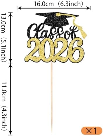Rsstarxi 1 Pack Class of 2026 Cake Topper Graduation Party Decorations Grad Cap Cake Pick for 2026 Graduation Theme Congrats Grad Party Cake Decorations Gold