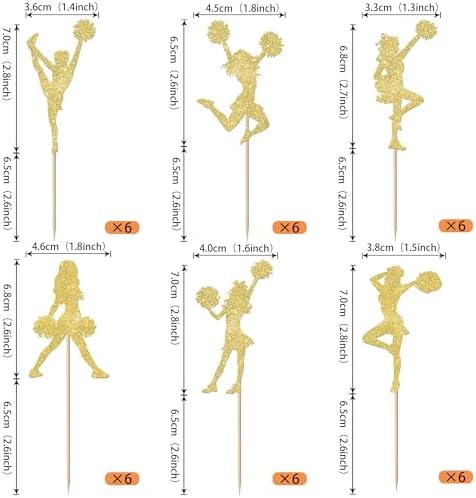Rsstarxi 36 Pack Gold Cheerleader Cupcake Toppers Glitter Cheer Team Gymnastics Cupcake Picks Decoration for Gymnast Girls Birthday Wedding Party Cake Decorations Supplies