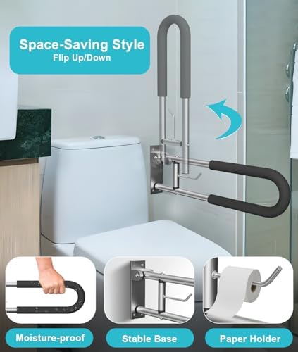 Foldable Toilet Grab Bar, 30 Inch Wall Mounted Flip-Up Safety Rail, 2mm Thick Heavy-Duty Rust-Resistant Aluminum Bathroom Support Bar for Elderly, Disabled, Handicap & Mobility Assistance