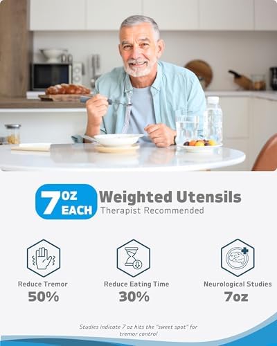 Adaptive Utensils (4-Piece Set) Weighted 7 Oz Each- Weighted Utensils for Hand Tremors and Parkinson's Patients - Weighted Silverware for Hand Tremors, Weighted Spoons
