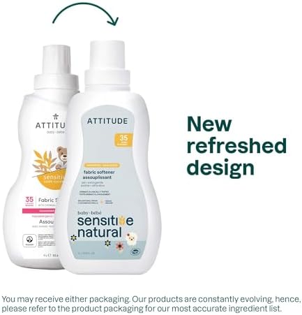 ATTITUDE Baby Fabric Softener for Sensitive Skin, Plant and Mineral Based Ingredients, Vegan Household Products, Unscented, 35 Loads, 33.8 Fl Oz