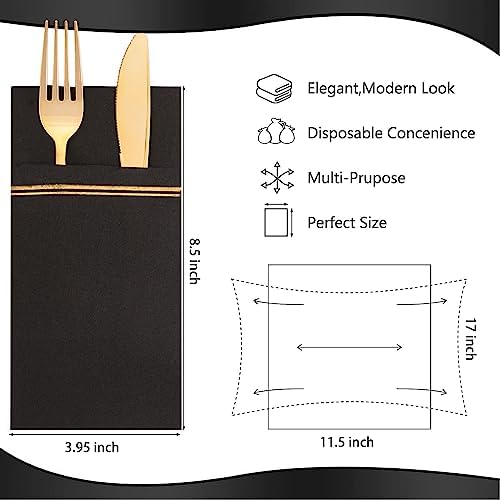 Nervure 100PCS Black Paper Napkins with Built-in Flatware Pocket - Black and Gold Prefolded Cloth Like Disposable Napkins - Heavy-duty Linen-Feel Dinner Napkins for Party & Halloween & Father's Day