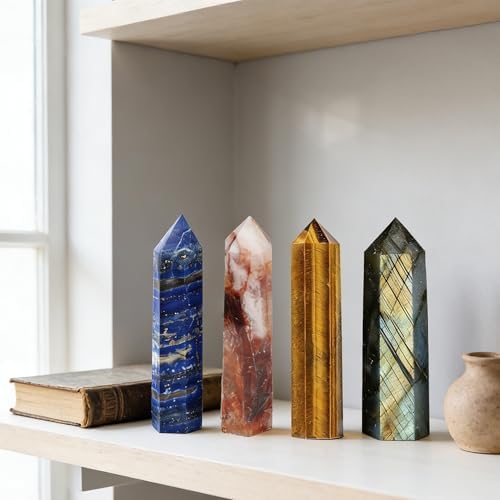 4pcs Natural Crystal Point Wand Set,Hand-Finely Polished,Meditation Healing Purification,Full-Scenario Decoration Display for Home Office,Holiday Gifting(5-6cm Crysta Point Wand 4pcs)
