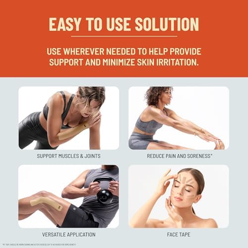 KT Tape, Kinesiology Athletic Tape, Gentle Adhesive for Sensitive Skin, 20 Count, 10" Precut Strips, Beige