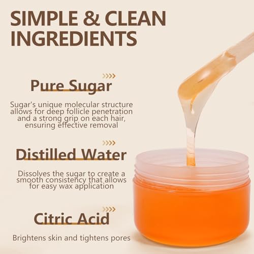 Sugar Wax Kit Suagring Kit: 150g/5.3oz Organic Sugaring Paste for Body Arm Leg Hair Removal - Includes 10 Wax Sticks & 20 Strips