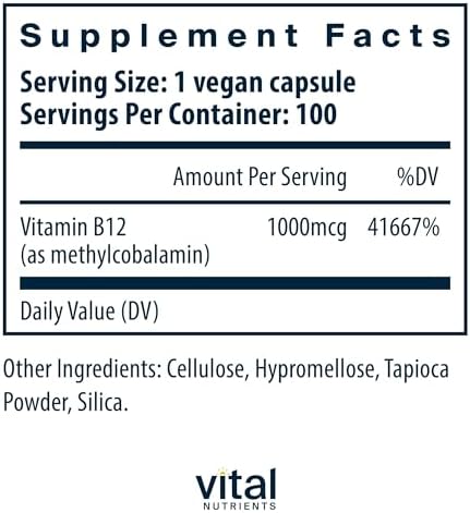 Vital Nutrients Vitamin B12 1000mcg - Vegan - Methylcobalamin for Metabolism, Cognitive & Nervous System Health* - High-Potency B12 Supplement - Gluten, Dairy, Soy Free - 100 Capsules