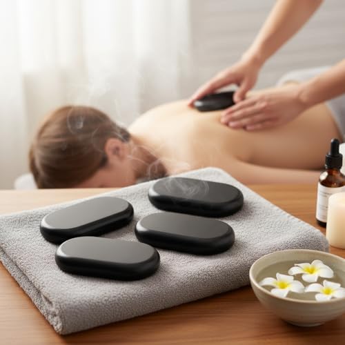Premium Hot Massage Stones – Set of 4 XXL Large Basalt Stones for Spa Therapy, Relaxation & Deep Tissue Muscle Relief – Professional-Grade, Smooth & Retains Heat