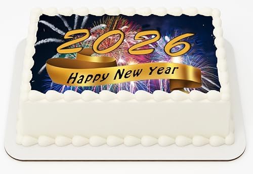 New Year Fireworks Ribbon Edible Image Sheet Cake Topper