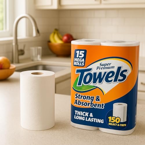 Paper Towels 2-Ply– 15 Mega Rolls, 150 Sheets per Roll, Select & Tear Sheets, Strong and Absorbent, Bulk Pack for Kitchen, Office, Cleaning – Thick & Long Lasting, Lint-Free Disposable Towels