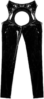 Womens Wet Look Leather Cutout Pantyhose Thigh-High Shiny Metallic Suspender Tights Leggings
