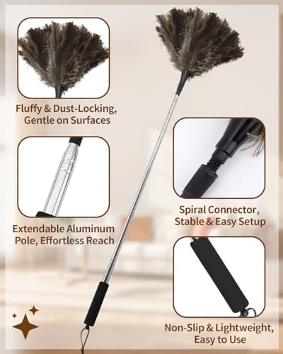 Extendable Ostrich Feather Duster with Bonus Wool Feather Duster Head - Natural Fluffy Non-Slip Handle Feathers Dusters for Cleaning Ceiling Fans, Blinds, Roof Dusting, High Surfaces (18-48 in)